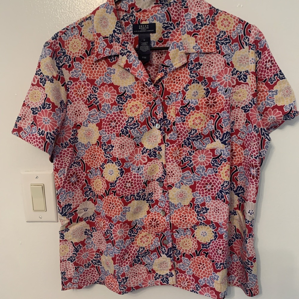 Crazy Horse Liz Claiborne Floral Button Front Shirt Medium Pink Yellow Blue...